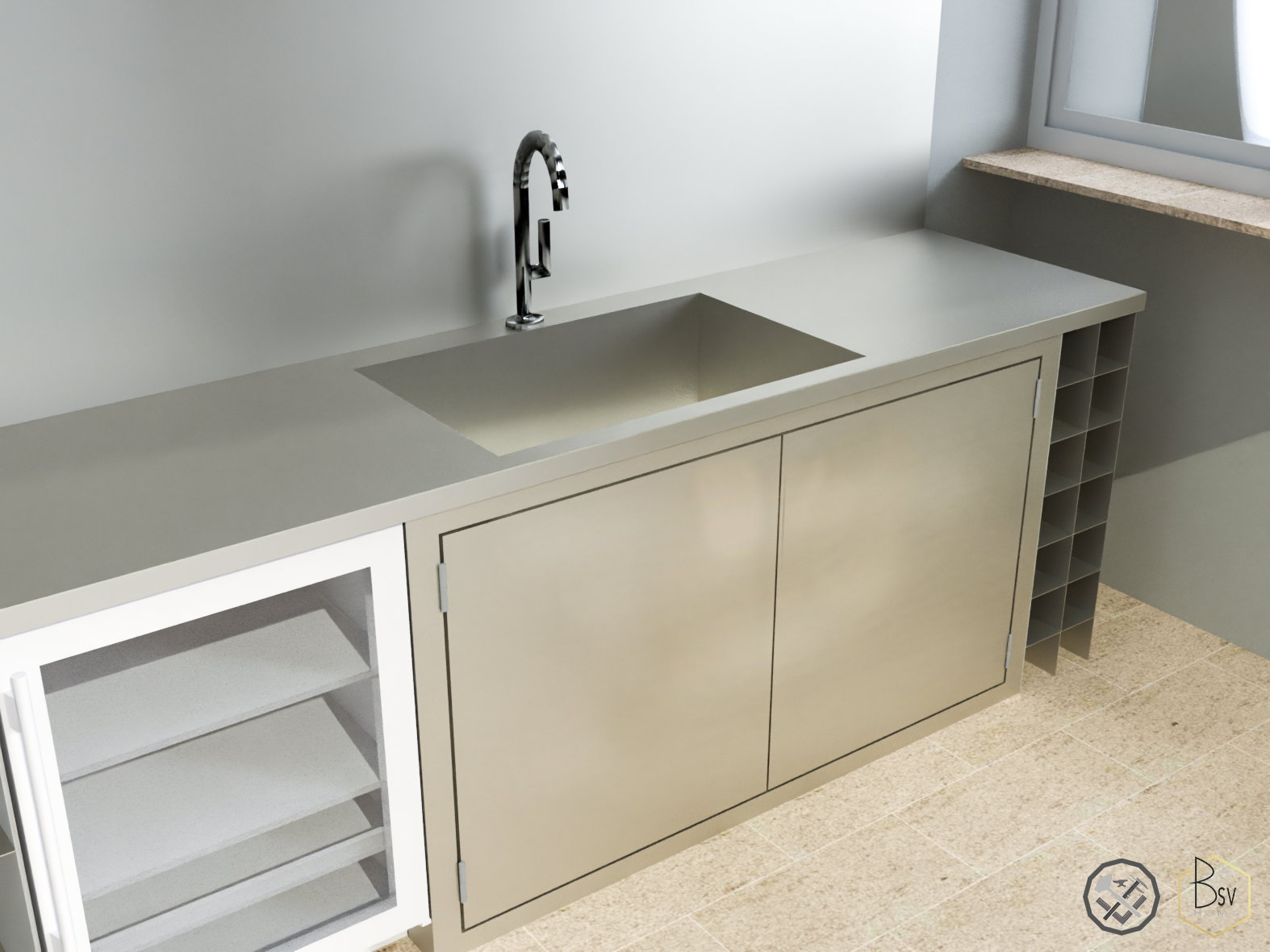 Proposition en 3D d'une cuisine en inox sur mesure pour remplacer une cuisine maçonnée. Projet à St Savournin (13).